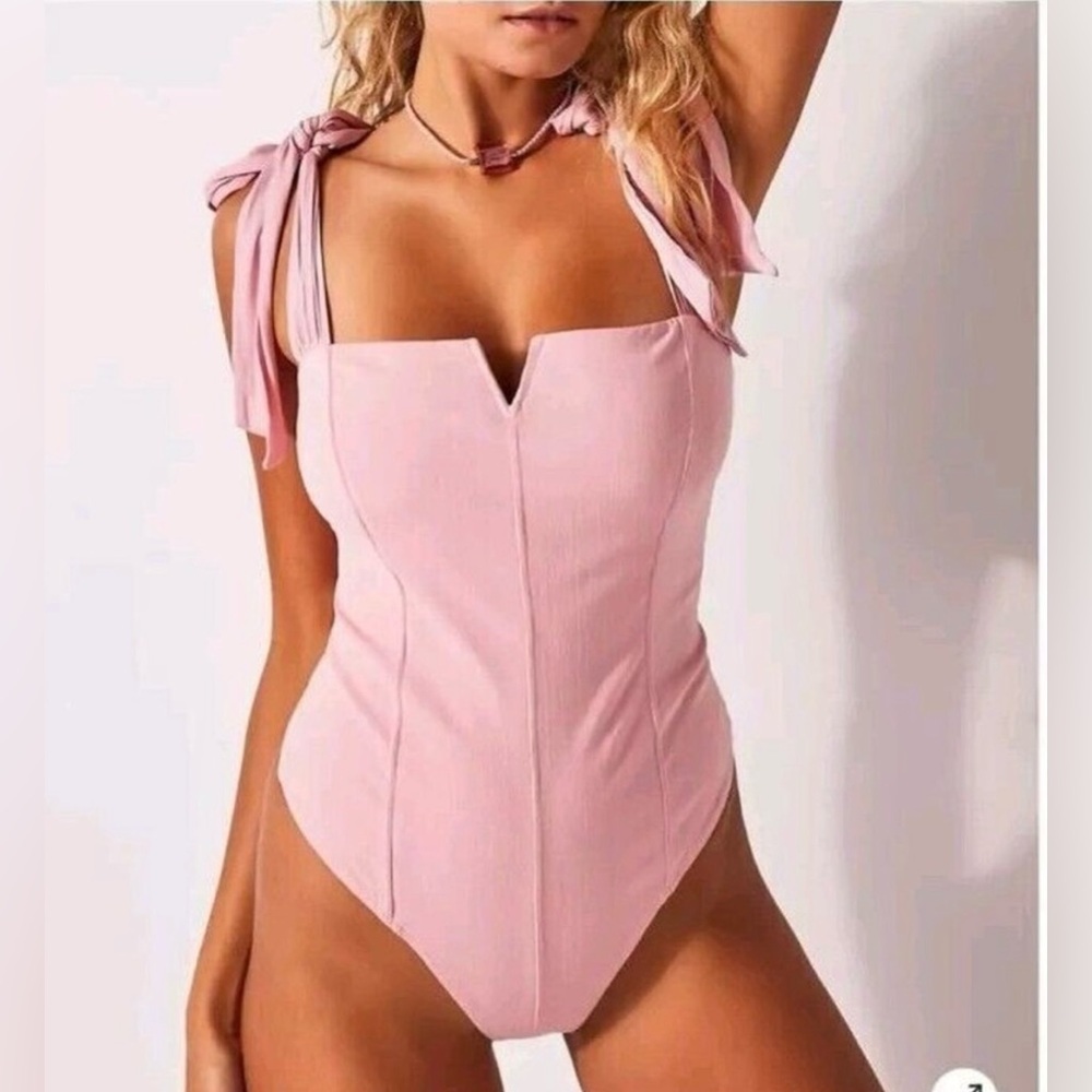 Free People Lola Tie Shoulder Light Pink Bodysuit XS